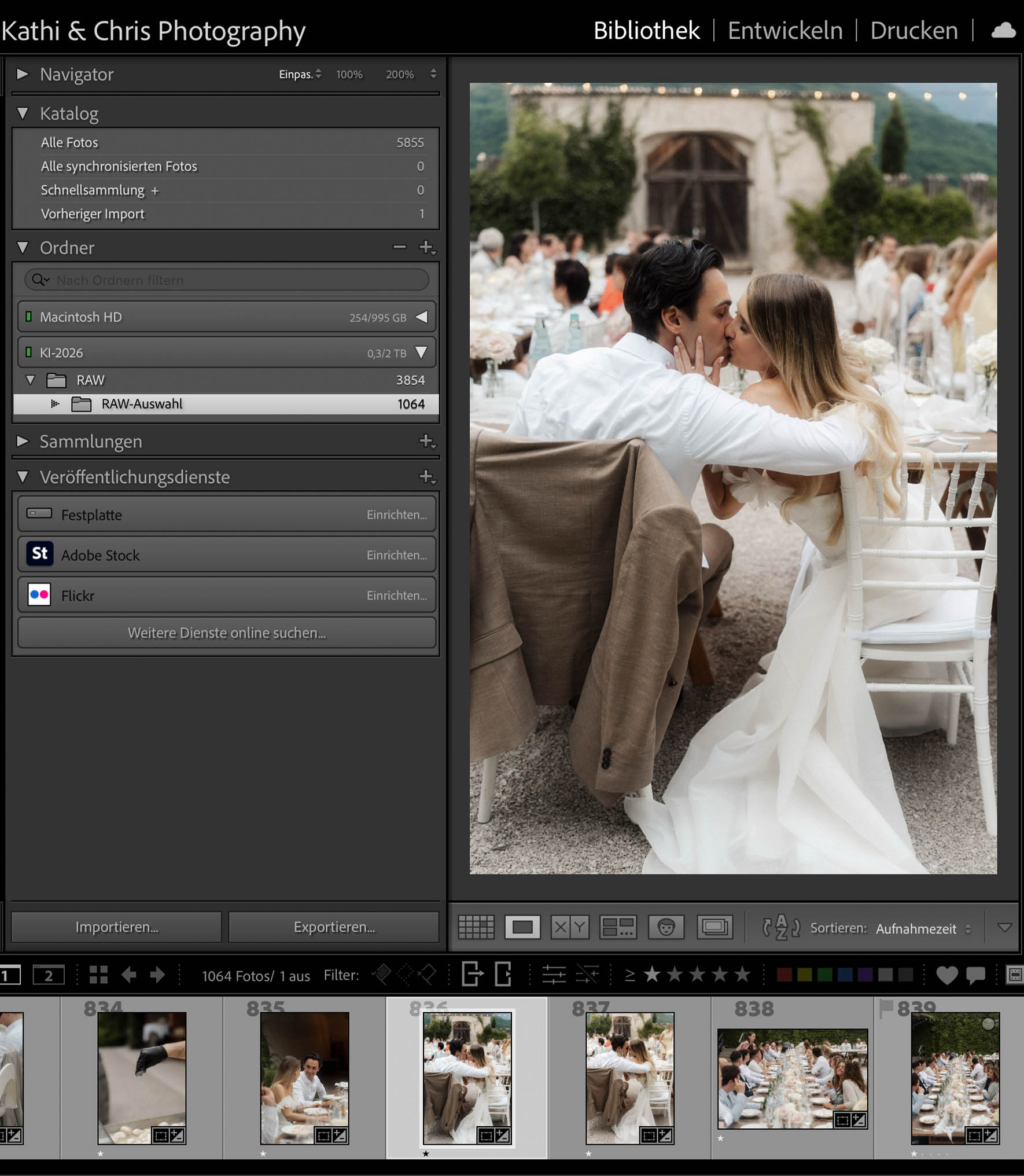 Lightroom-Katalog einer Hochzeit mit RAW-Ordner und RAW-Auswahl