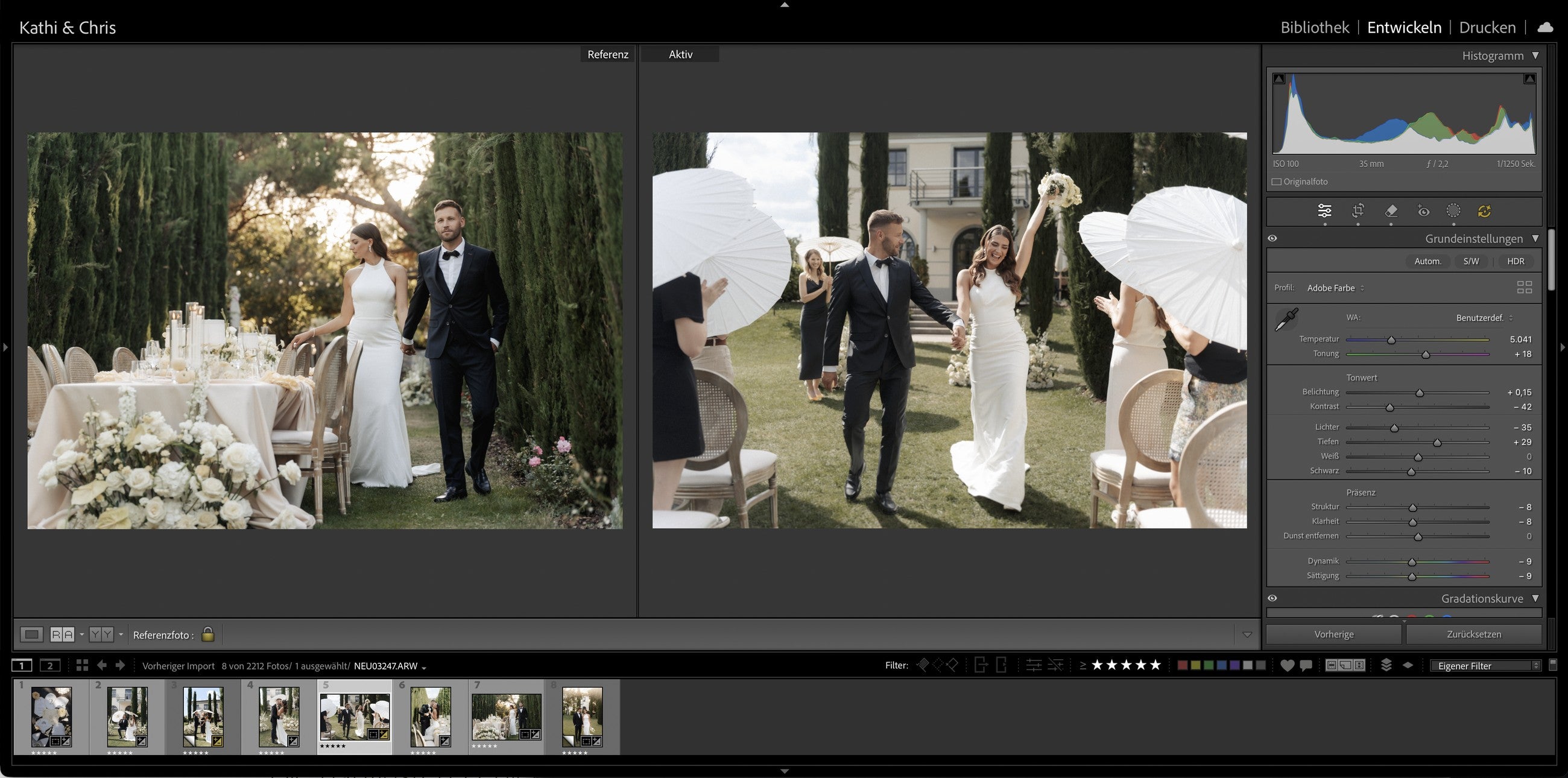 Referenzansicht in Lightroom: Referenzbild links, aktives Bild rechts mit übernommenem Look